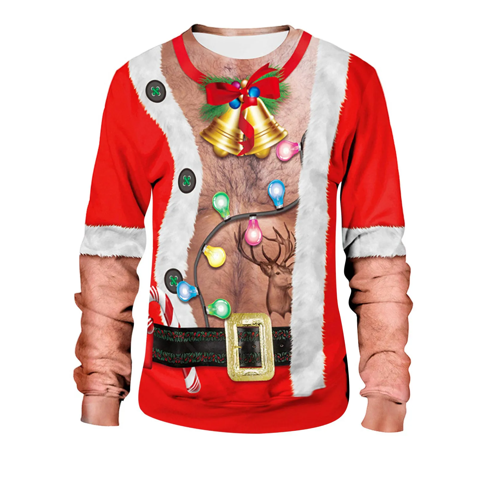 Funny Muscle Chest Hair Print Ugly Christmas Pullover Sweater 2024 Funny 3D Pattern Long Sleeve O-Neck Sweatshirt With Pockets