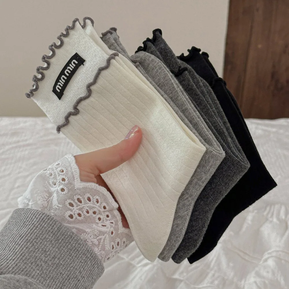 4 Pair Embroidered Women's Socks Cute Ruffled Edge Solid Color Long Korean Style Women Socks Autumn Winter Brand Designer Socks