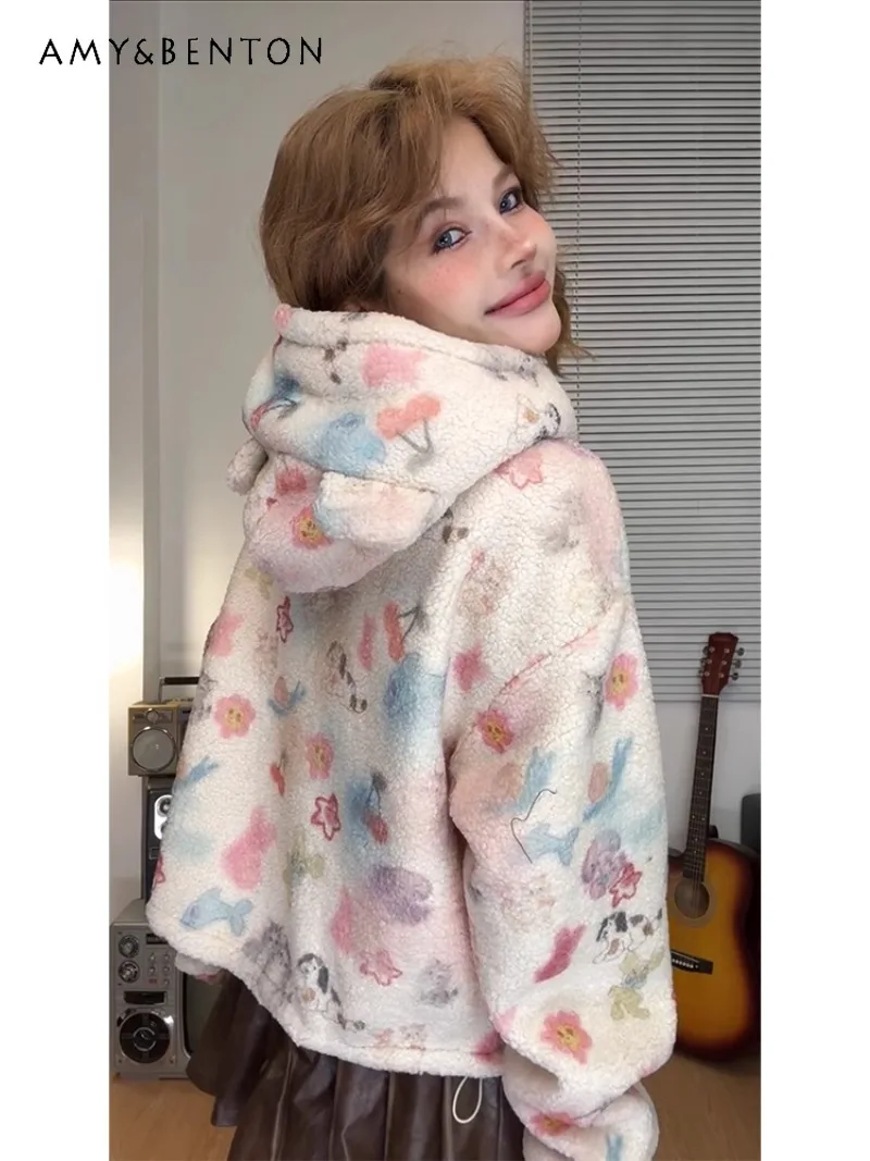 

Japanese Autumn and Winter Cute Cartoon Print Thickened Loose Casual Short Warm Lamb Wool White Hooded Coat for Women