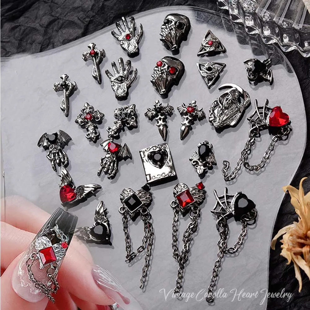 10 Stuks Gothic Punk Stijl Nail Art Bedels 3d Legering Hart Kruis Halloween Schedel Liefdesketting Hanger Nagel Diy Decoratie Accessoires