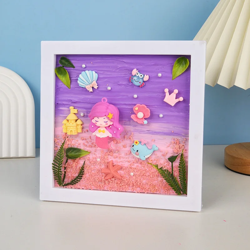 Marco de fotos de pegamento de crema Diy para niños, pintura de escena 3d del océano, pintura de sirena Kuromi, regalo para padres e hijos, recuerdos