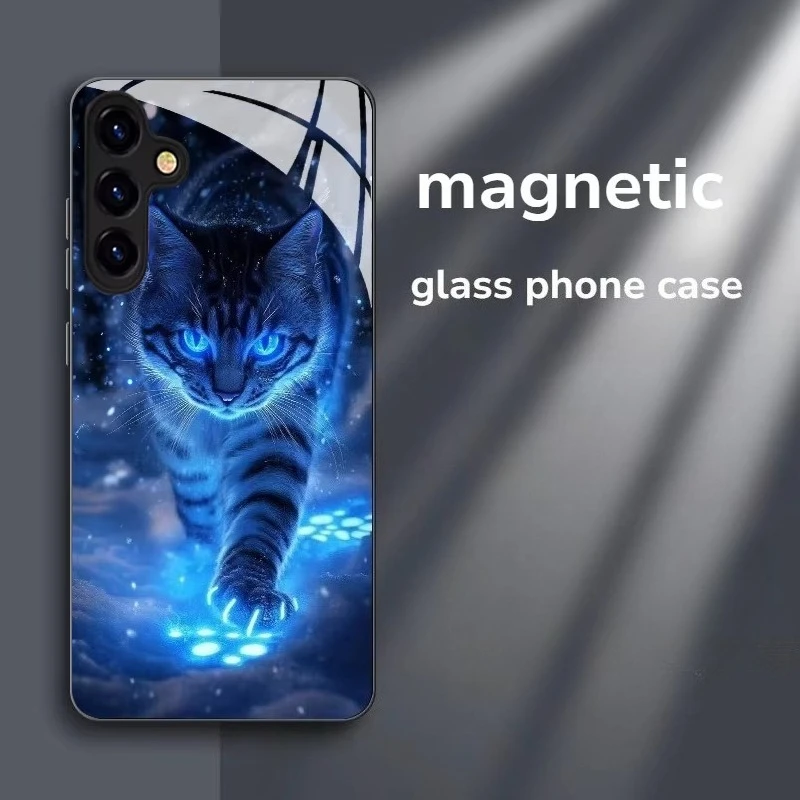 

Blue cat Fashion glass Phone Case For Samsung S25 S24 S23 S22 S21 S20 Plus Ultra Note20 Glass Magnetic Case