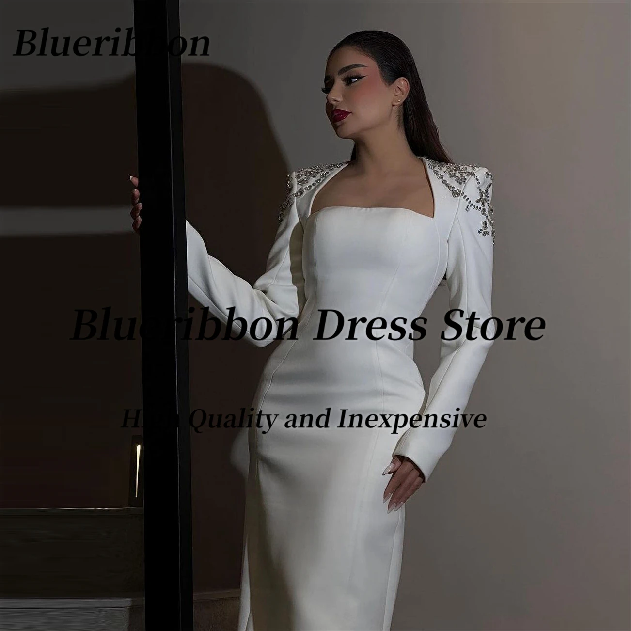 Blueribbon-vestidos de noche con cuello cuadrado para mujer, elegantes vestidos de manga larga con cuentas, vestido de fiesta de graduación, hasta el suelo, vestido de invitados de boda