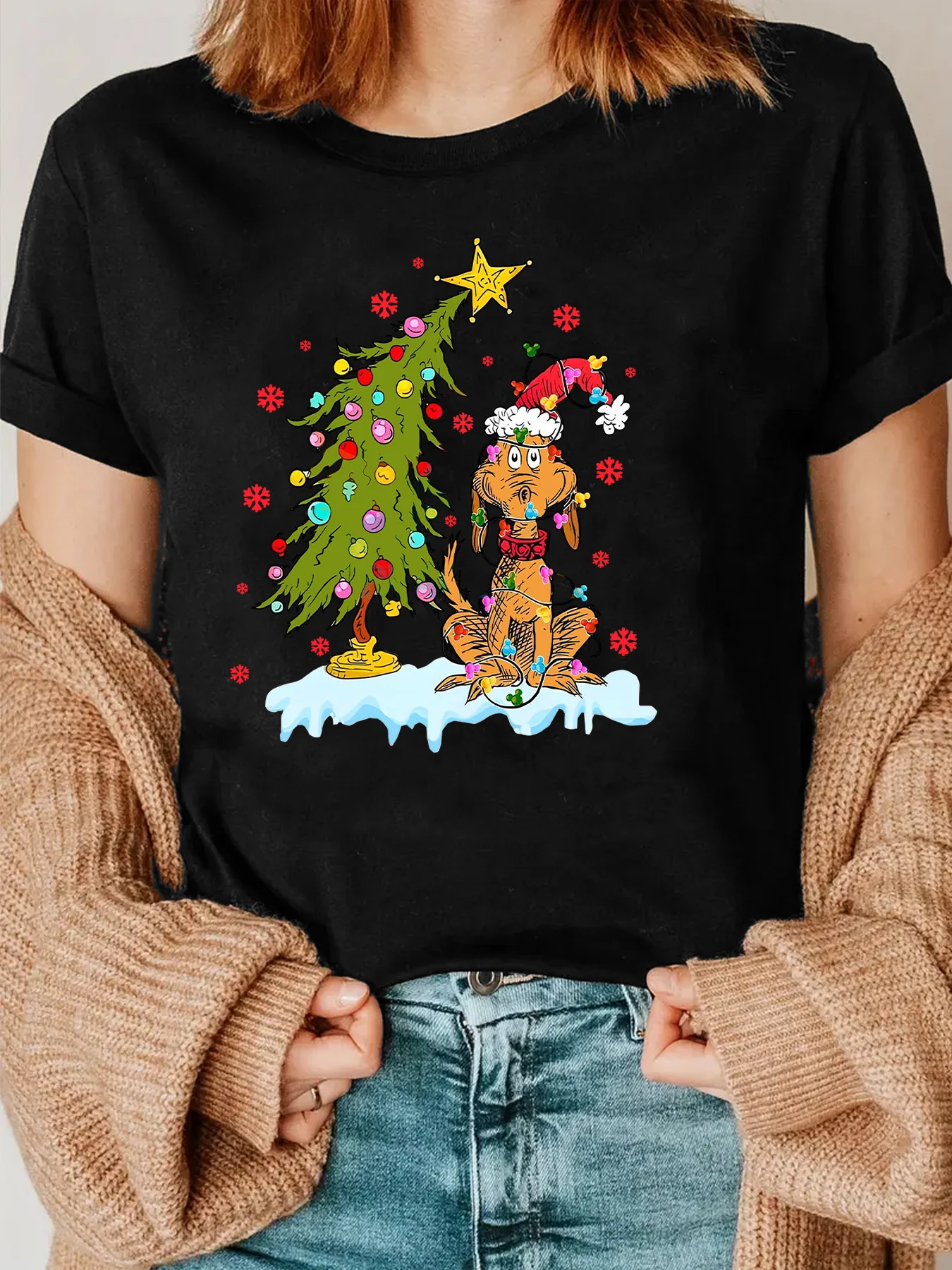 

Women's Casual Christmas Tree and Dog Print T-Shirt Round Neck Short Sleeve Cartoon Pattern Knitted Fabric Regular Fit Tee