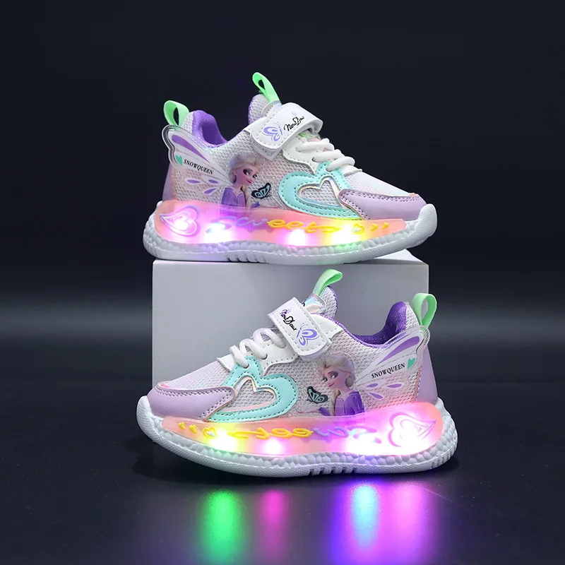 Elsa Princess LED Charging Luminous Glowing Sneakers for Girl\'s Disney Breathable Mesh Sport Shoes Kids Led Lighted Casual Shoes