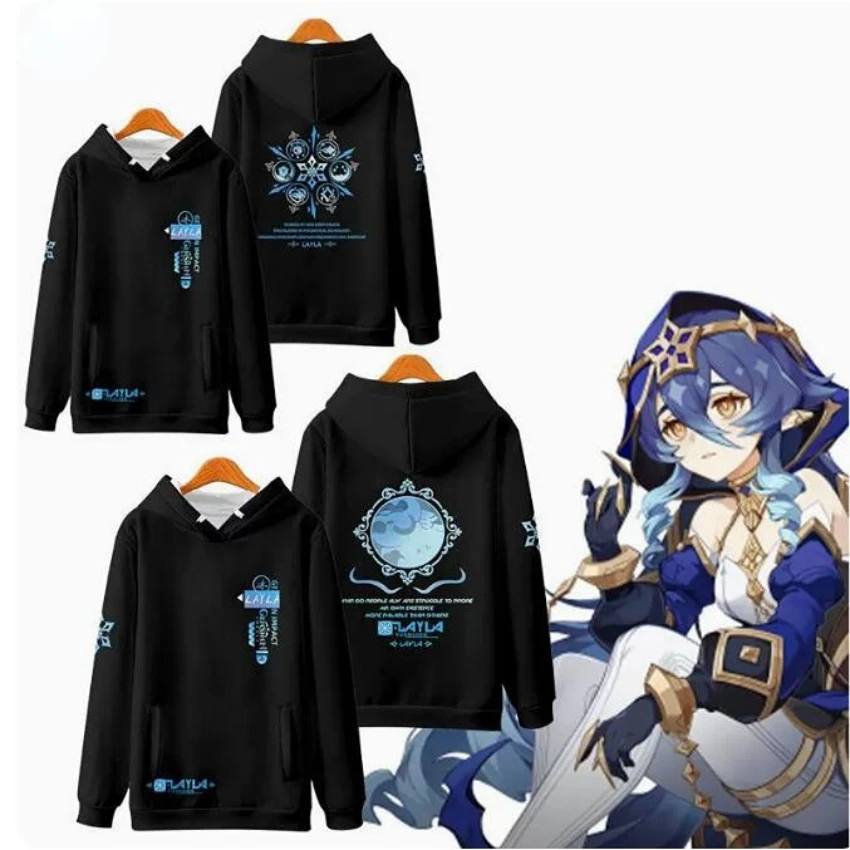 Anime Genshin Impacto Layla Cosplay Hoodie Mulheres Homens Gráfico Camisola Streetwear Hip Hop Pullover Casaco Com Capuz Outerwear