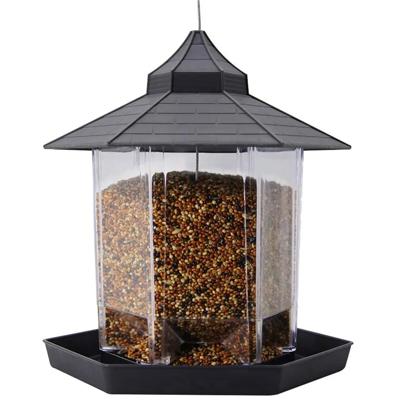 

3X Panorama Bird Feeder, Hexagon Shaped With Roof Hanging Bird Feeder For Garden Yard Decoration (Grey)