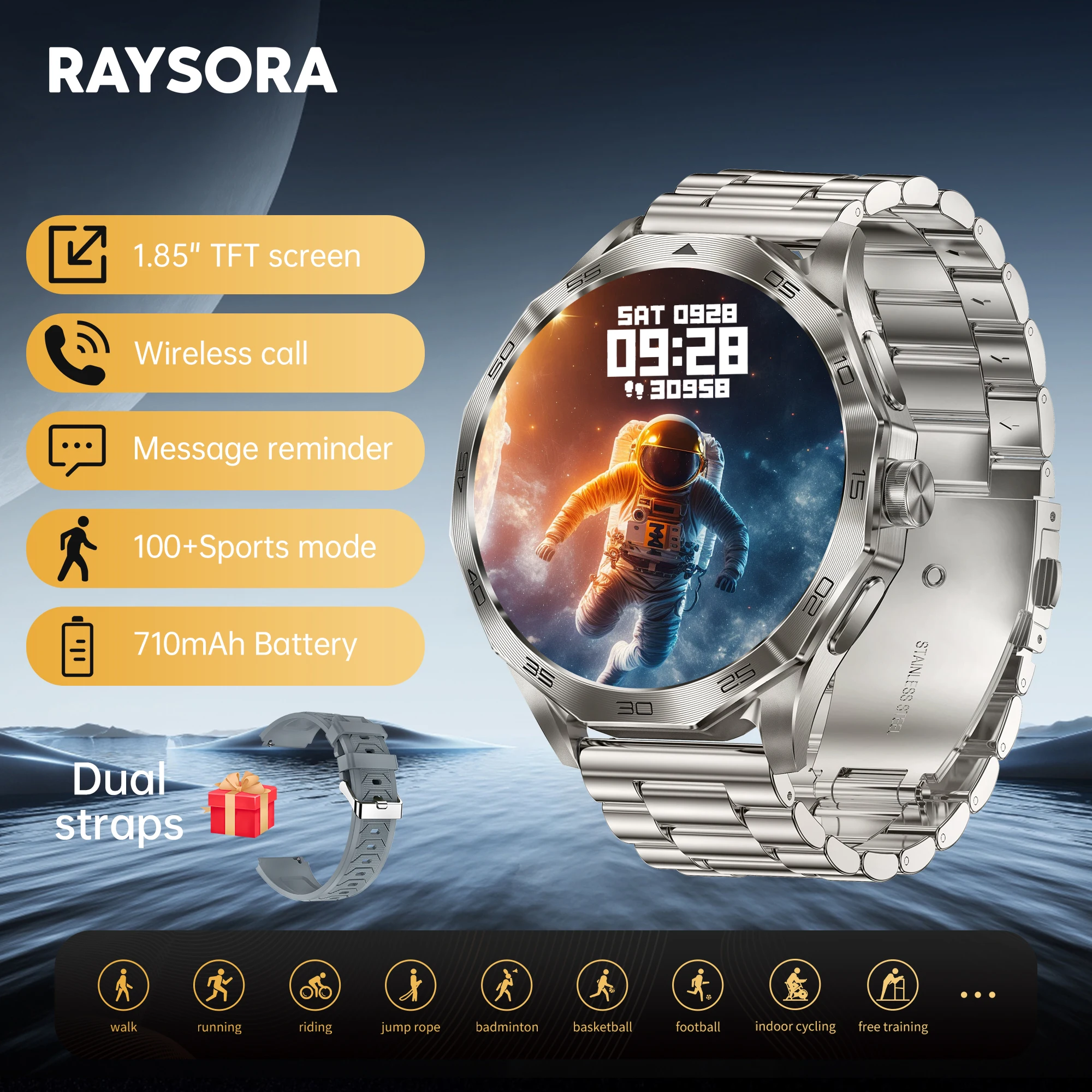 

RAYSORA Men's Sports Smartwatch, 1.85 inches, Wireless Talking, 710 mAh, Sleep Monitoring, Motion Tracking, Black, Grey, Silver