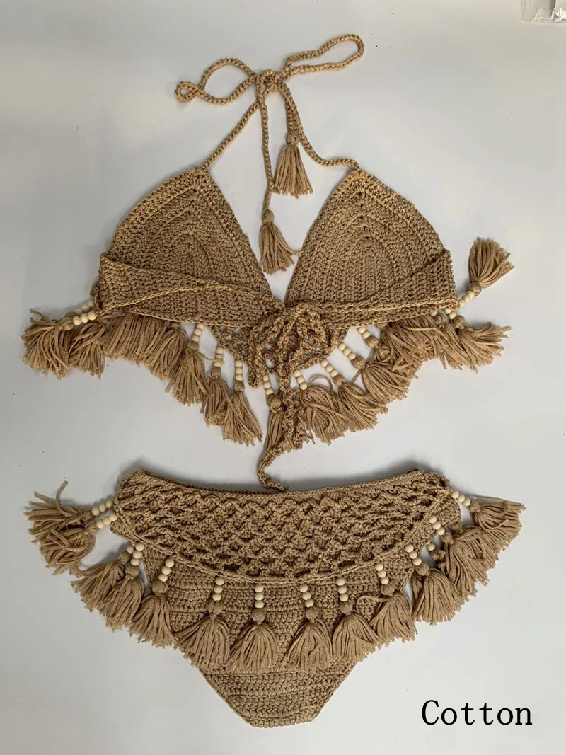 Maillot de bain sexy en crochet pour femmes, ensemble deux pièces, fait à la main, avec perles et pompons, tenue d'été, nouvelle collection 2021