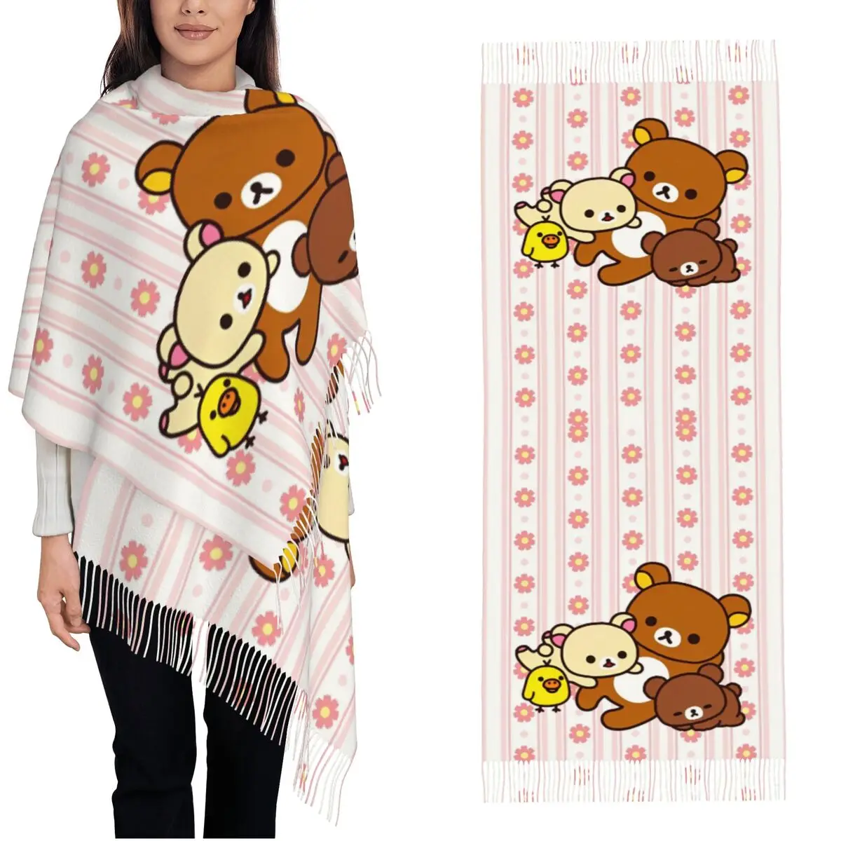 

Шарф Rilakkumas с героями мультфильмов для женщин, зима-осень, шали из пашмины и накидка, большие шарфы с кисточкой, легкий вес