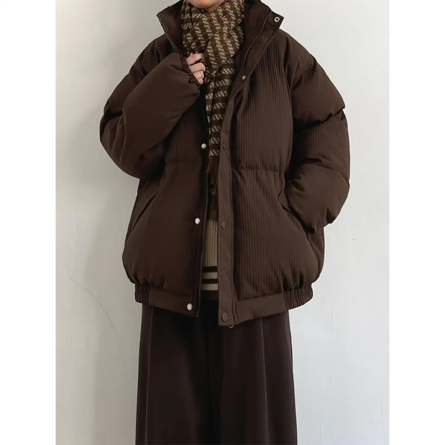 

Retro Japanese Plaid Thickened Cotton Jacket Men's Warm Winter Pure Color Stand Collar Loose Fit Cotton Coat Outerwear