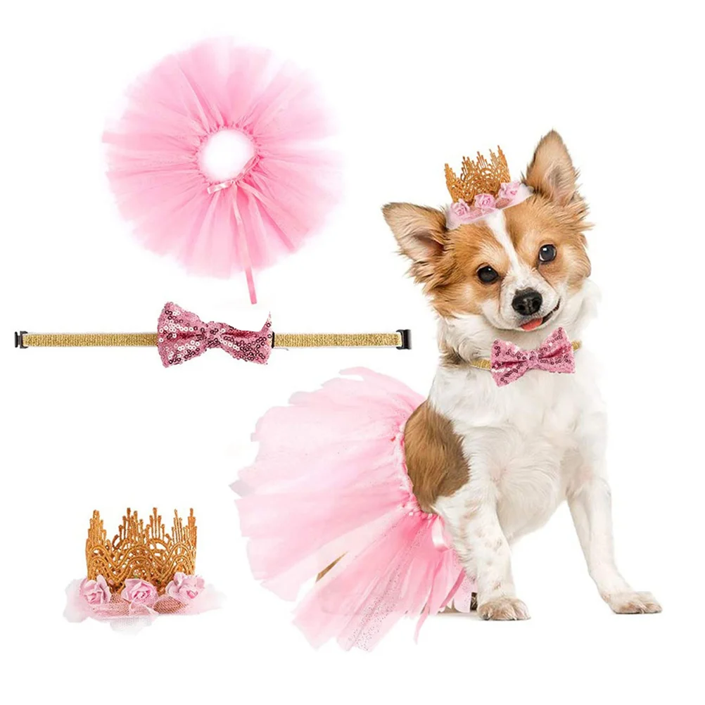 

Pet Crown Dog Skirt Gauze Birthday Dress Tie Headdress Set for Small Dogs Outdoor Photo Party Dog Skirt Pet Clothes