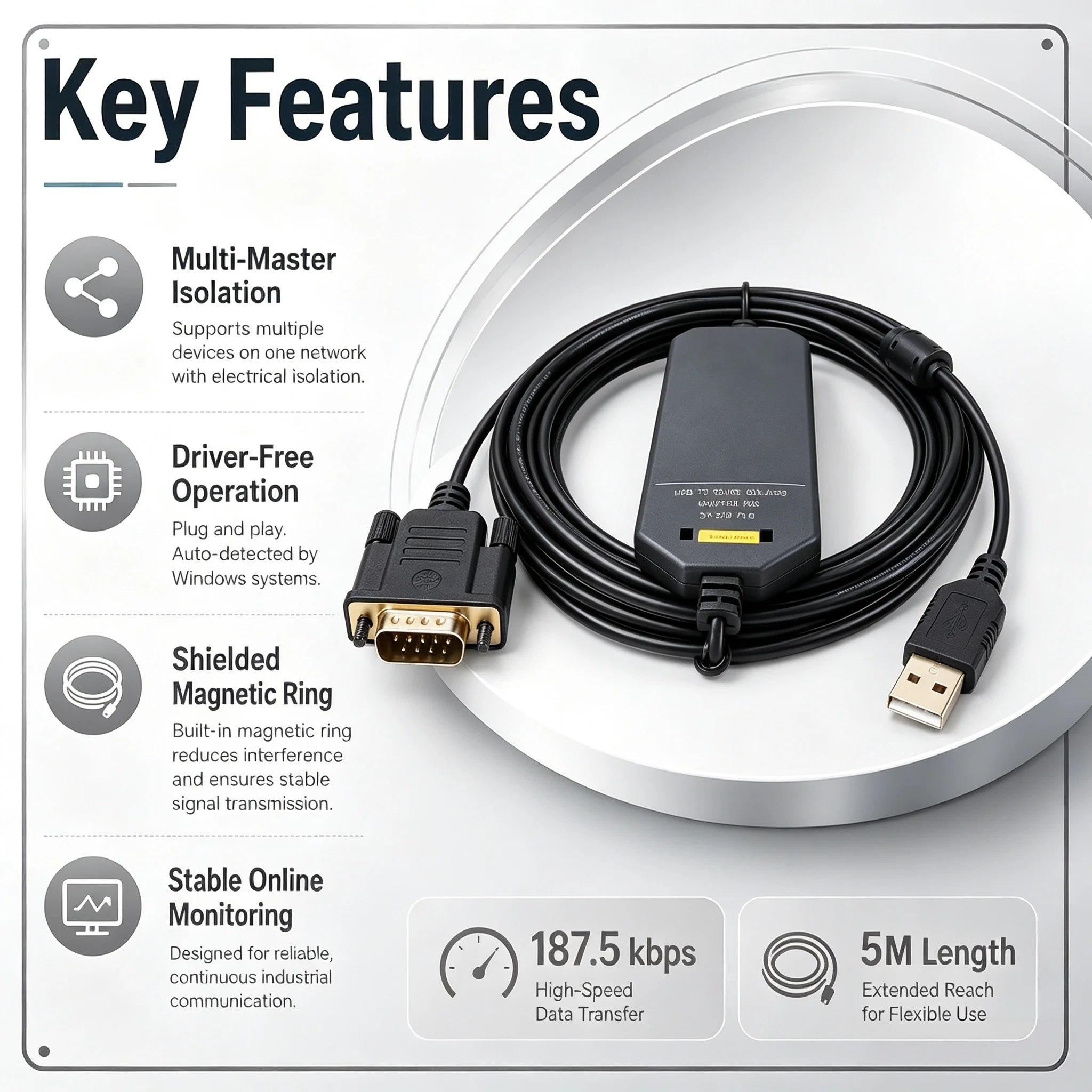 Parameter Setting Cable 6ES7901-3DB30-0XA0, 5M Isolated USB-PPI 187.5kbps for Siemens S7-200 S7-200CN SMART PLC Data Upload