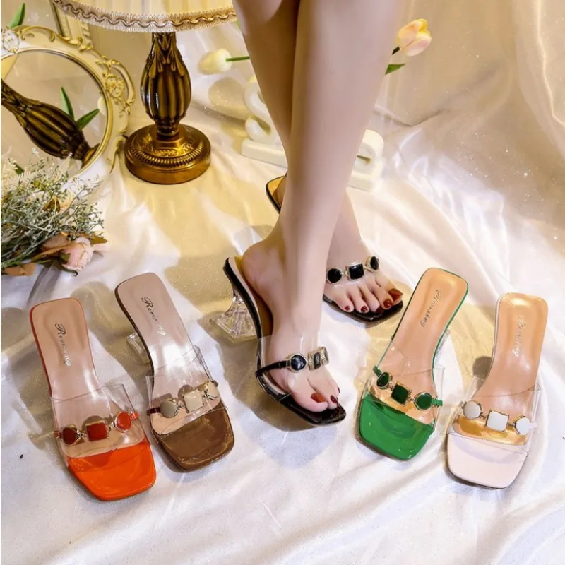 

2026Large Size Crystal Heel Women's Sandals Summer Trendy Fairy Date High-End Feeling One-Strap Slippers Fashionable Rubber Sole