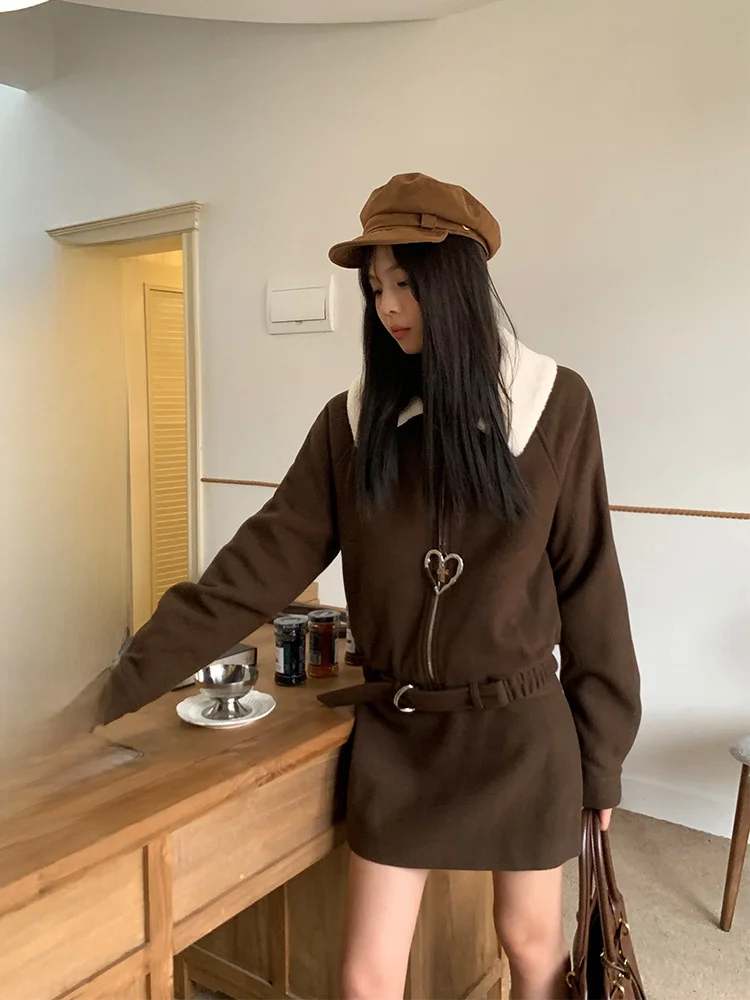 

Song Zhengen Women's Coat Lamb Fur Collar Unbuttoned Loose Fit Unique Stand Collar Winter New Sle Faionable Outerwear