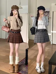 Korean style Winter Woolen Kawaii Mini Skirts Women Fashion Y2K Streetwear Tartan Pleated Plaid Skirt High Waist A-Line Skirt