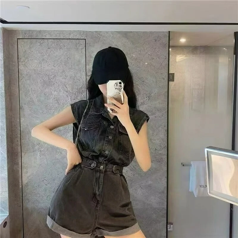 Korean Version of The Summer New Waist  Thin Denim Retro Tooling Style Foreign Style Age Reduction Solid Color One-piece Shorts