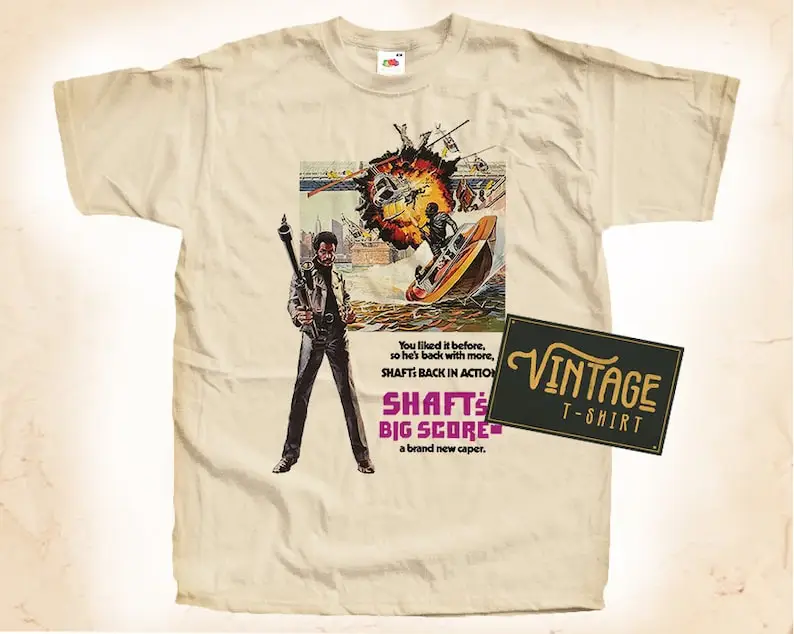 Shaft Big Score T shirt Tee Natural Vintage Cotton Movie Poster Beige All Sizes