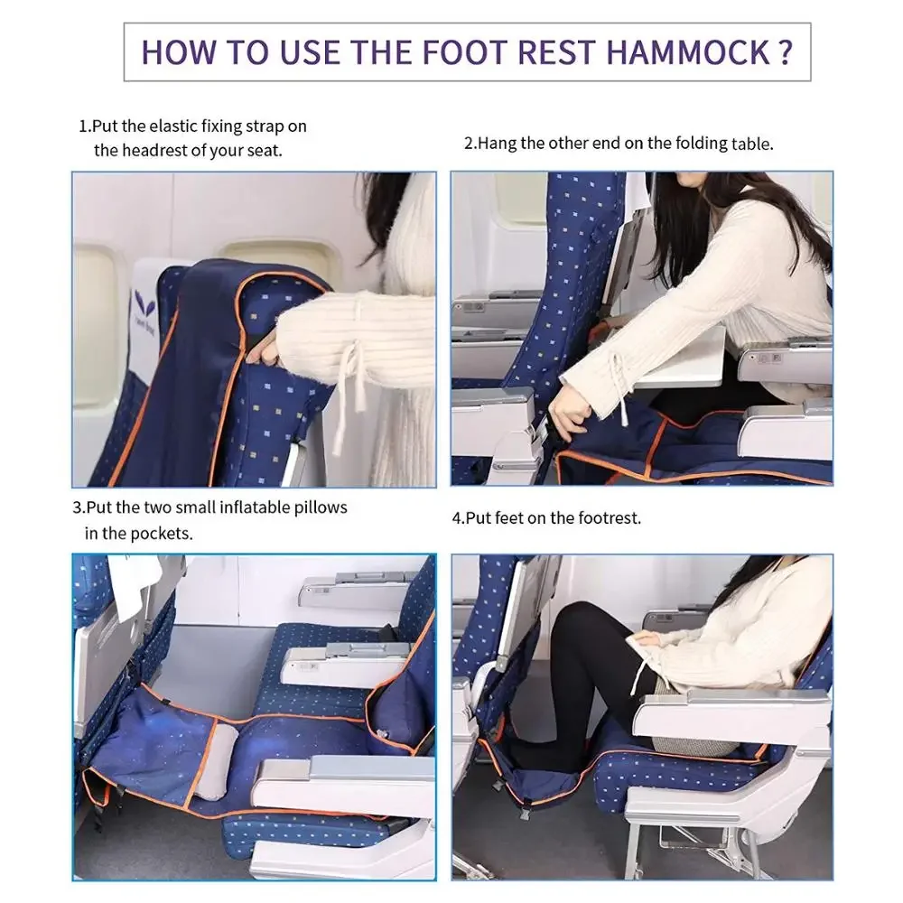 Hamaca con reposapiés ajustable con almohada inflable, funda para asiento, aviones, trenes, autobuses, columpio, silla para exteriores, hamaca de