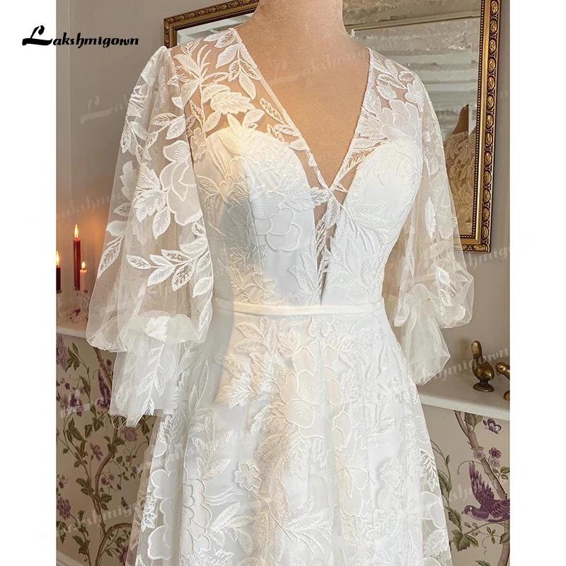 Boho a-line vestidos de casamento sexy decote em v meia lanterna manga voltar ilusão cinto de renda vestidos de noiva tule varrer robe novia