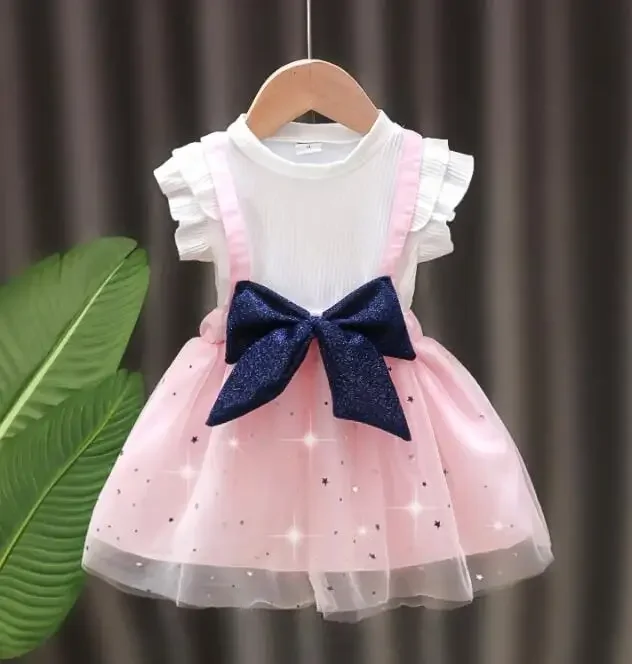 

2023 Newly Kids Girls Sister Bow Tie Pink Gray Color Pattern Shirt Short Sleeve Dresses Princess Dress