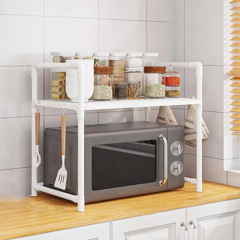 

Shelf For Microwave Microwave Shelf Stand With Hooks Double Layer Seasoning Rack Widened Bread Machine Holder For Table Storage