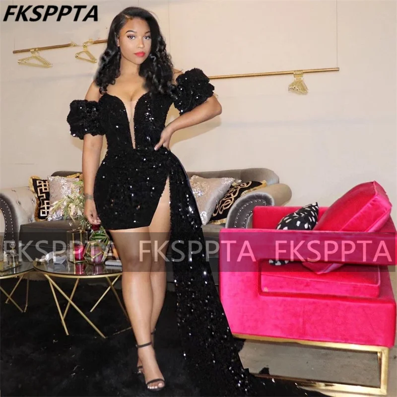 

Sexy Black Short Prom Dresses Off The Shoulder Sheath Shiny Sequins African Girls Birthday Wedding Party Gowns Robe De Soiree