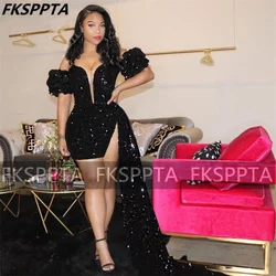 Sexy Black Short Prom Dresses Off The Shoulder Sheath Shiny Sequins African Girls Birthday Wedding Party Gowns Robe De Soiree