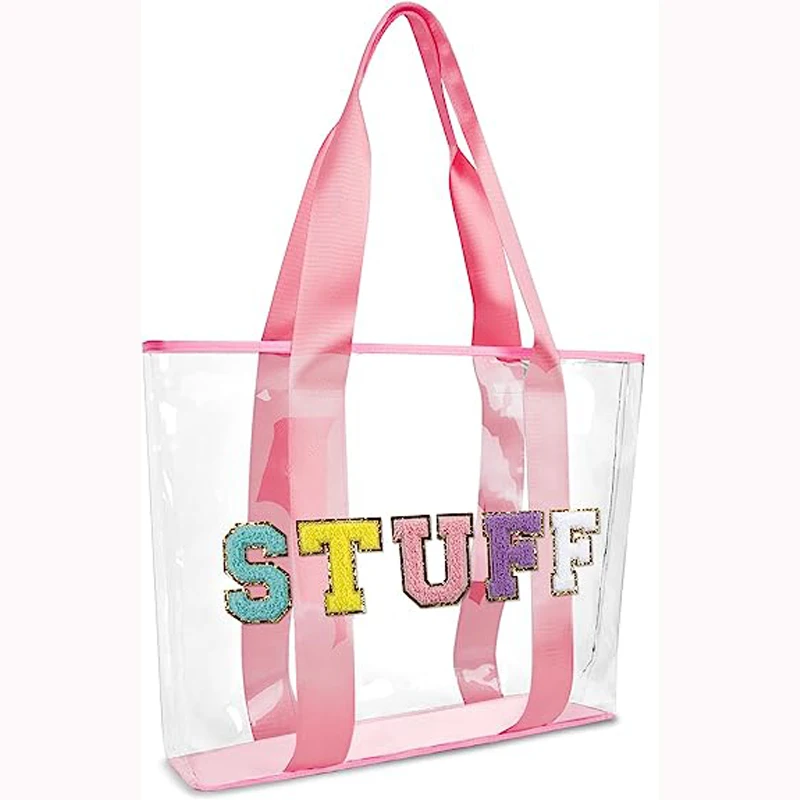 Women Pink Cute Girls Travel Chenille Letter Clear PVC Transparent Beach Patches Stuff Tote Bag with Handles for Swim