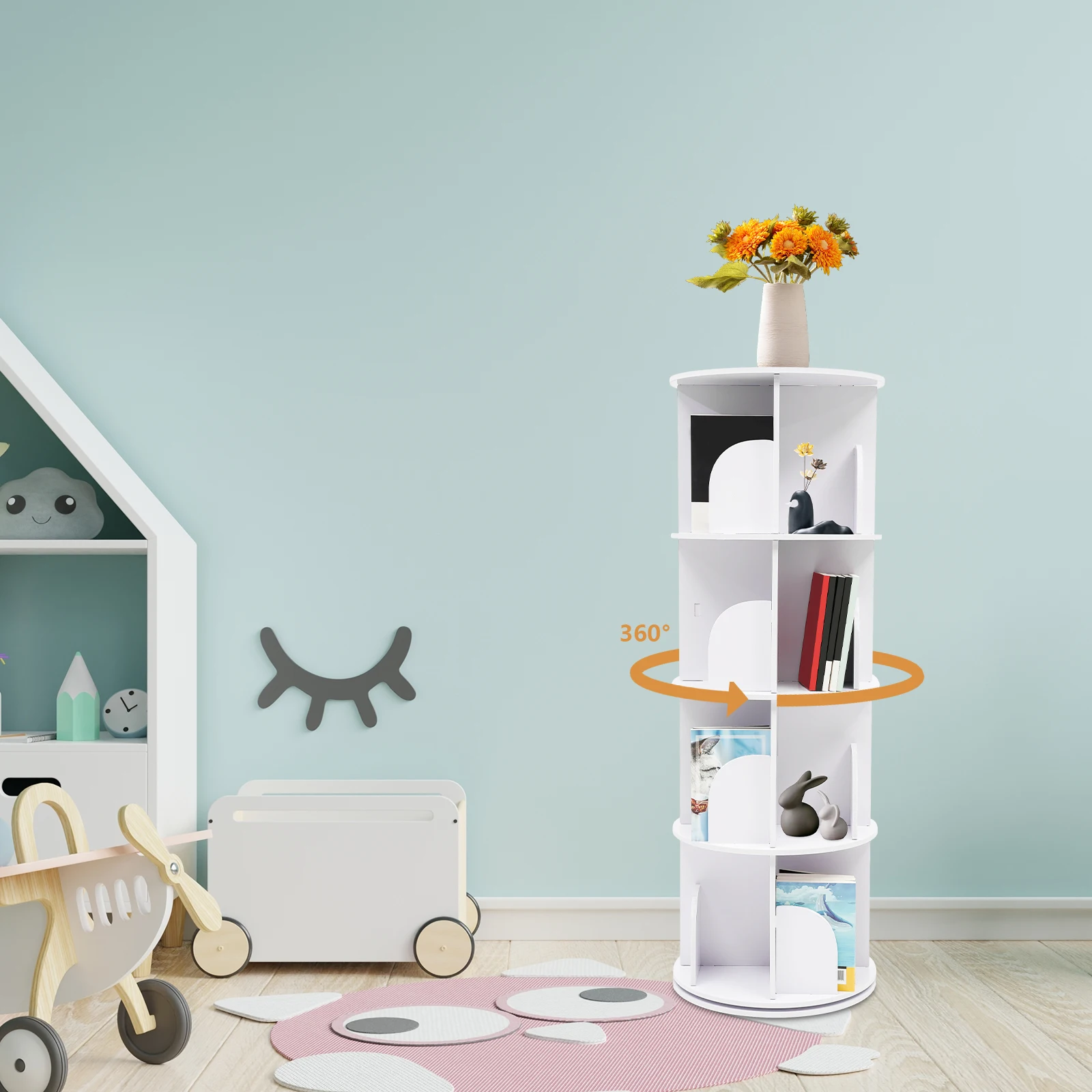 

4-Layer Rotating Bookshelf Children's Picture Book Rack Simple Floor Type Creative Storage Cabinet Living Room Furniture