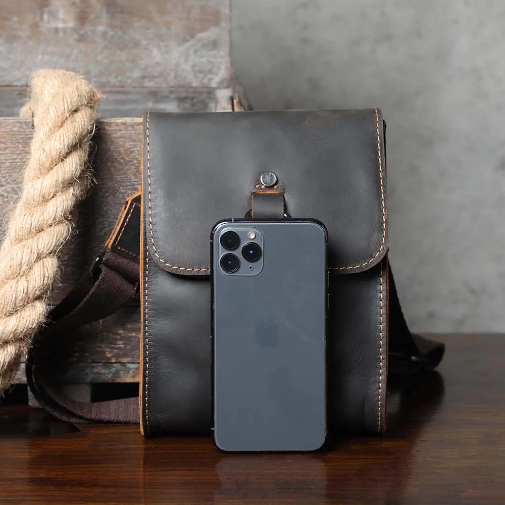 Vintage Echtleder Herren-Umhängetasche aus Crazy-Horse-Leder, Mini-Handytasche für Schlüssel und Karten – Detail 11