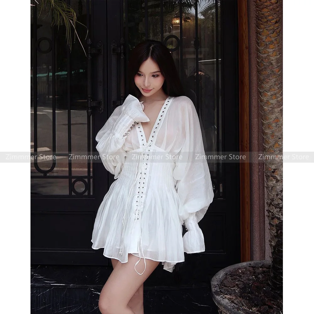 Small pure desire sweet age-reducing V-neck strap design waist slimming long sleeve dress for women