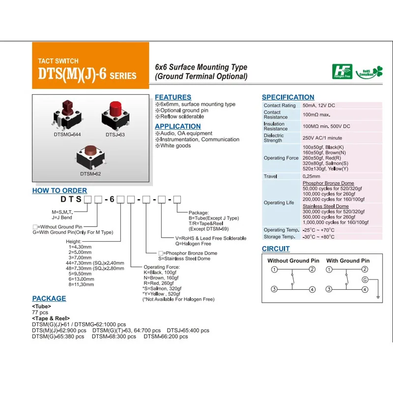 5 pz/lotto Taiwan DIP DTSJ-66S-V-T/T/R interruttore tattile 6*6*13 SMT tastiera tattile a 4 pin