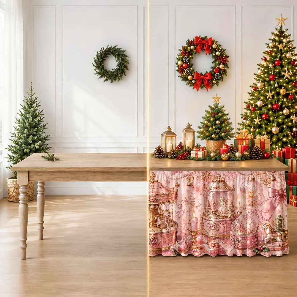 Table skirt / tablecloth table skirt - 1 piece - Pink retro Christmas decoration - Music box - Snowball - Festival