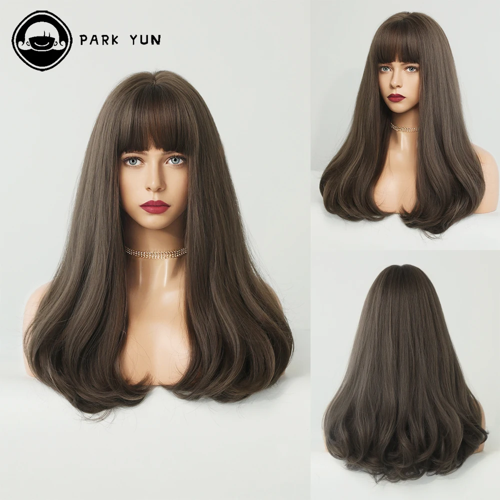 

Long Black Brown Straight Women Wig with Bangs High Density Heat Resistant Synthetic Wig Daily Cosplay Party Lolita Fake Hair