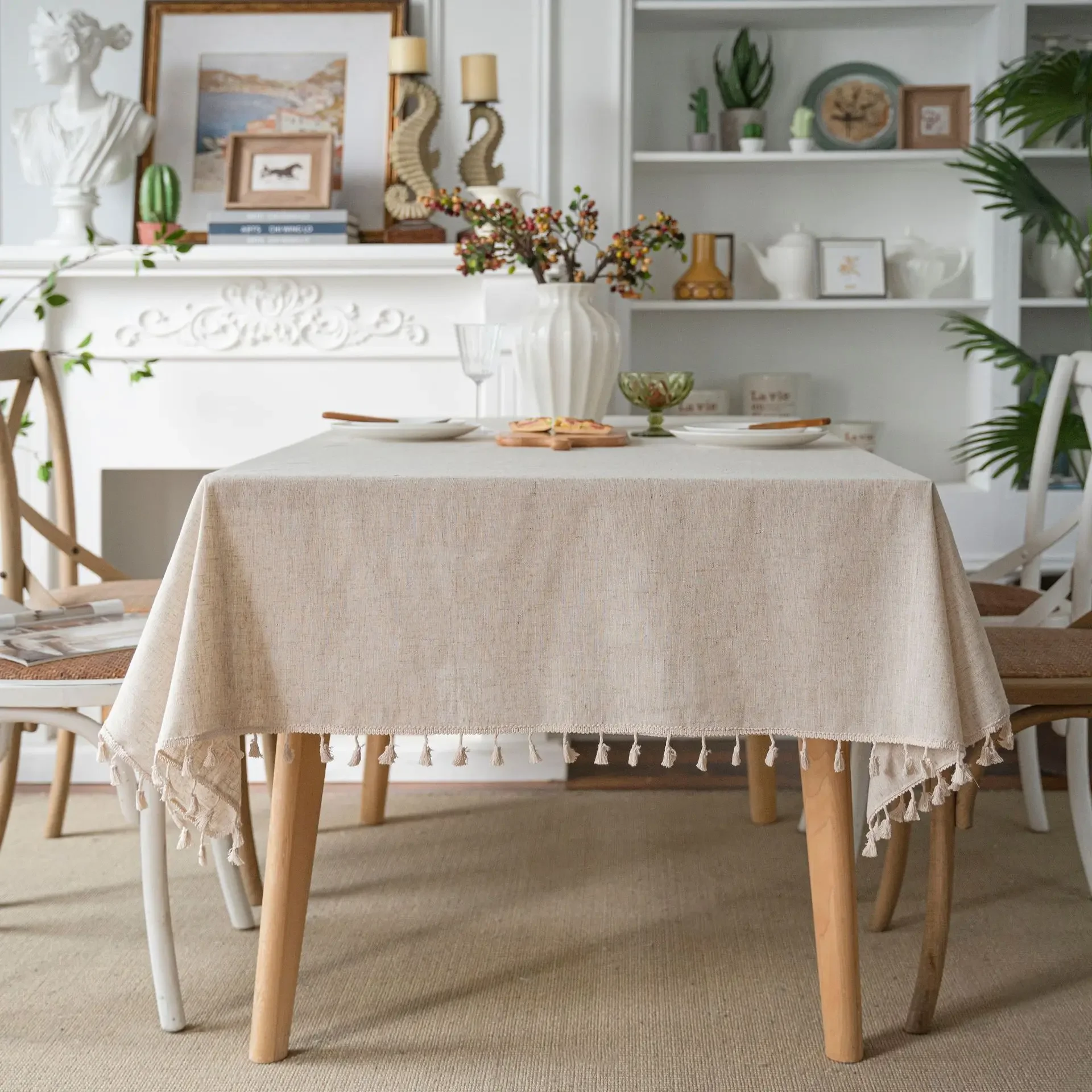 Linen blend Tablecloth,Splice Technology,Jute Rope Lace Dust-Proof Table Cover,for Kitchen Dinning Party Tea Table  Decoration