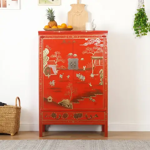 for New Chinese Style Red Solid Wood Gold Painted Wardrobe Home Bedroom Retro Large Capacity High Cabinet Decorative Storage