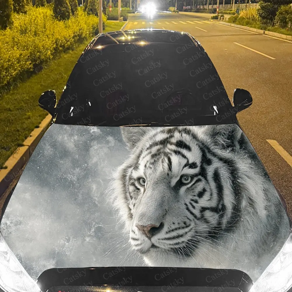 

Car Decal White Tiger with Monochrome Hazy Textural Artistic Fusion Design, Creating a Mysterious and Stately Visual Car Hood St