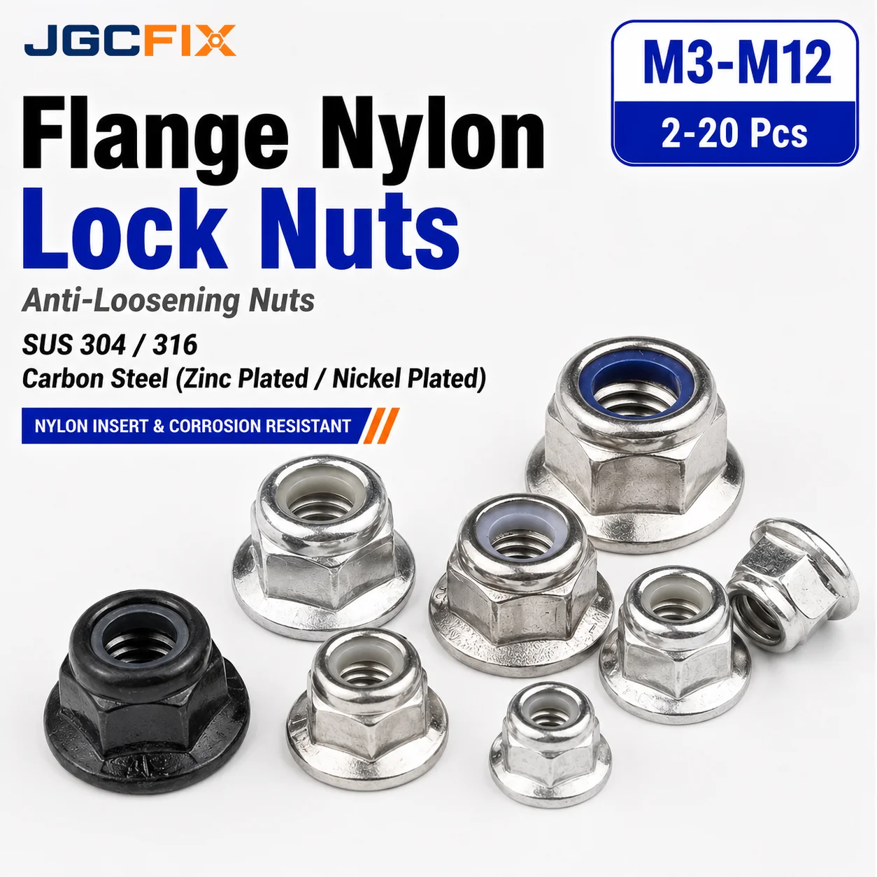 2-20Pcs M3-M12 316 304 Stainless Steel Carbon Steel Flange Nylon Insert Lock Nuts Zinc Nickel Plated Hex Self Lock Nut Fasteners