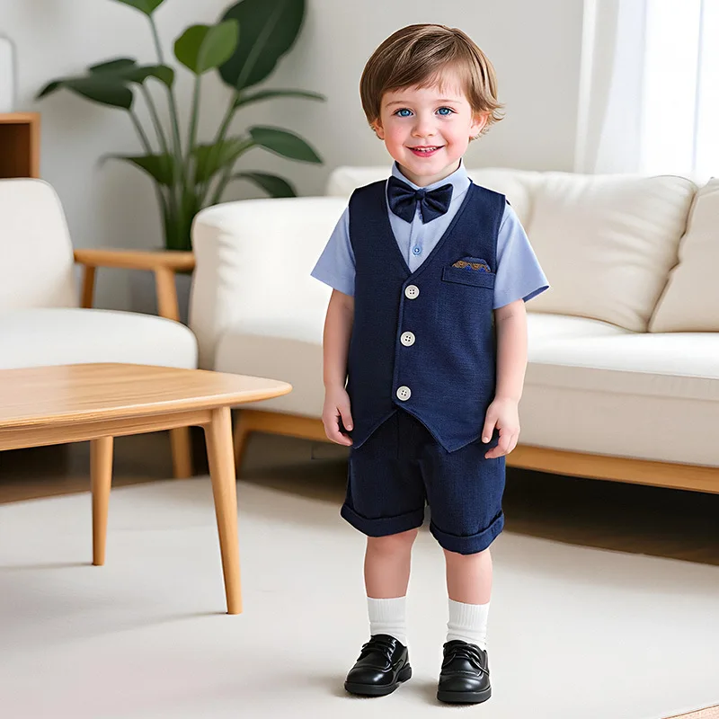 

Новый летний костюм для мальчиков 2026 года: жилет, шорты и рубашка с коротким рукавом, 3 предмета, в британском стиле, для торжественных мероприятий, свадеб и дней рождения