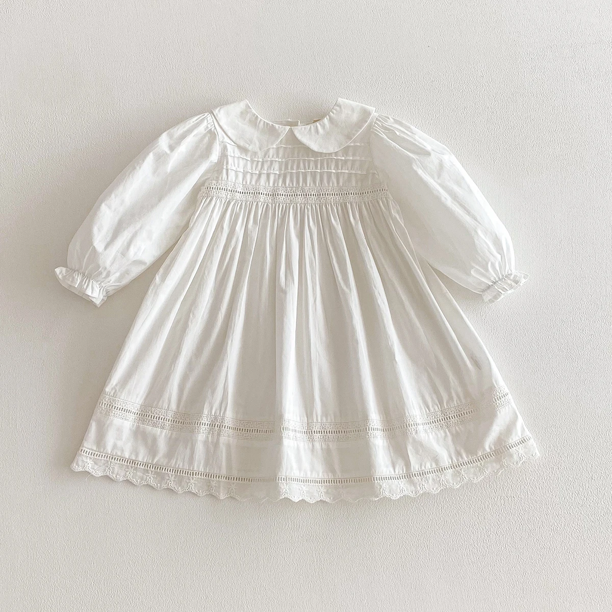 1-7Yrs Casual Mädchen Kleid Frühling Kinder Kleidung Baumwolle Spitze Süße Peter Kragen Weiß Baby Mädchen Gestickte Prinzessin Party Kleider – Detail 4