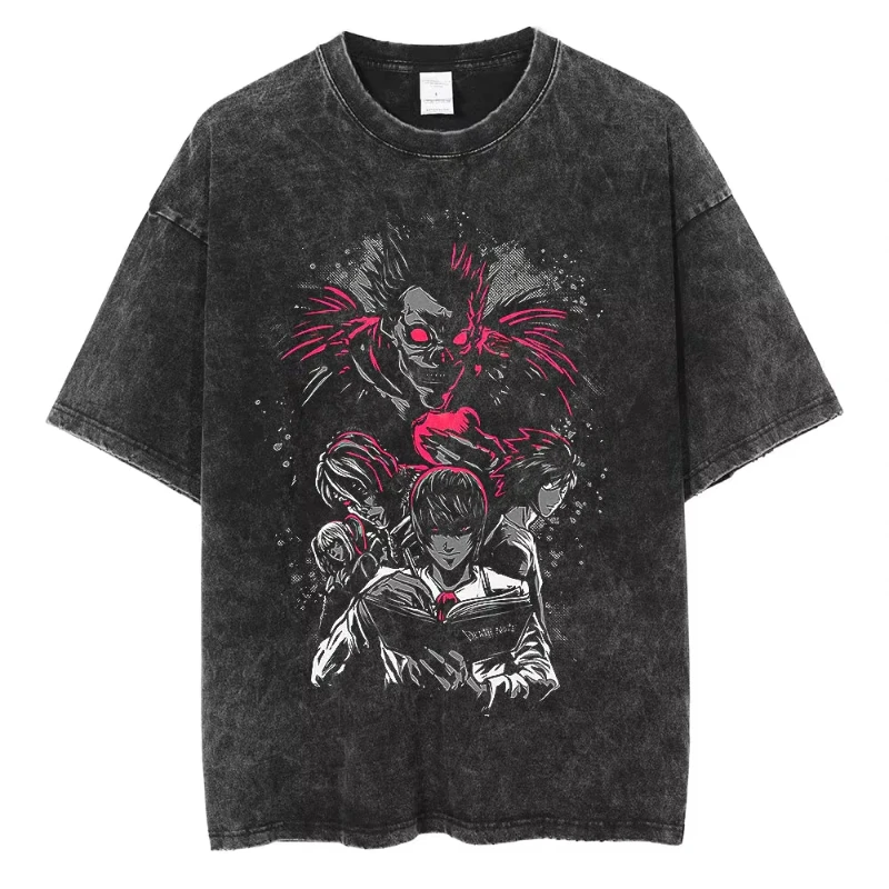 Mode Streetwear Unisex Top T-Shirt Harajuku Vintage Washed T-Shirts Death Note Anime Grafik-Druck Shirt Übergroße Baumwolle – Detail 18