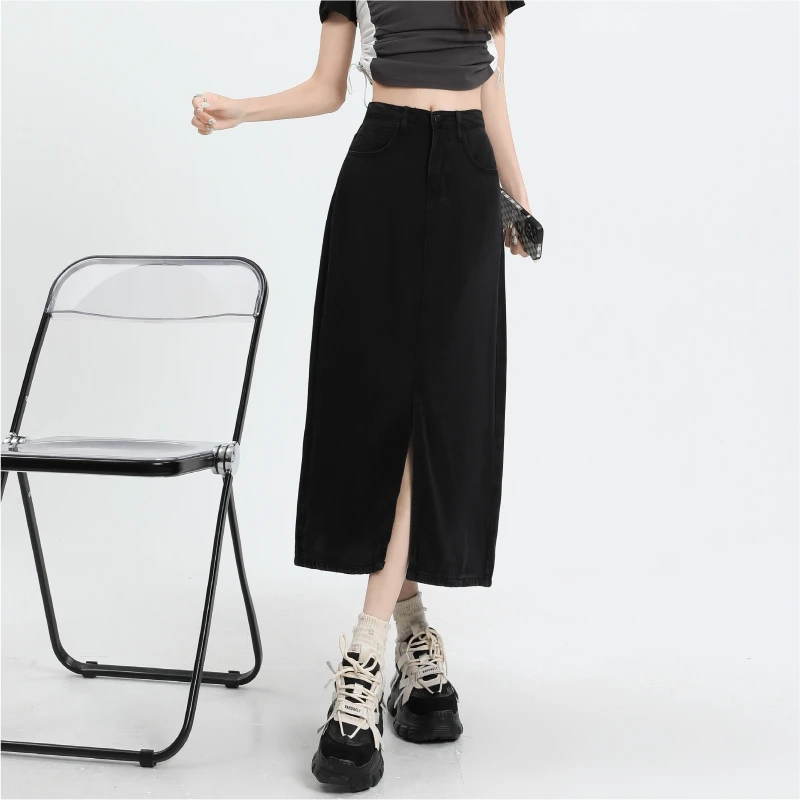 Brand Clothing 2026 Summer Women's Lyocell Fabric Midi Skirt High Waist Black Elastic Waist A-Line Skirt Casual Streetwear