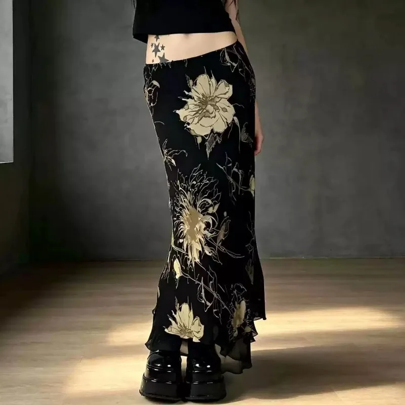 2026 New Y2K Niche Designer Vintage Mori Floral Print Double Layer Mesh Slim Fit Bodycon A Line Maxi Skirt Gothic Streetwear