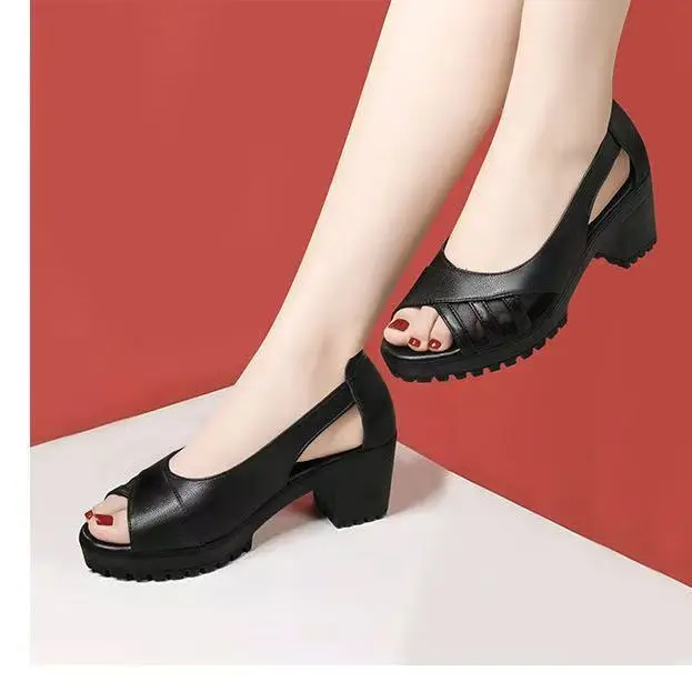 Women\'s Sandals 2024 Summer New Retro Fish Mouth Mesh Breathable Sandals Thick Bottom High Heels Soft Leather Sandals