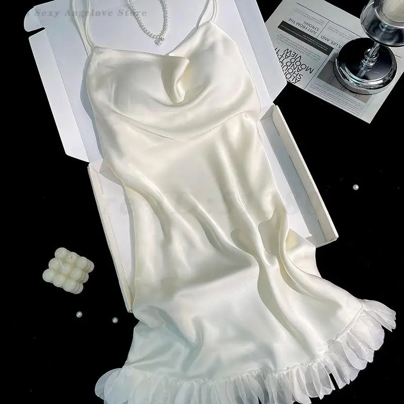 

Women Satin Sexy Sleepdress Summer Suspender Lingerie Sleepwear Sweet Petals Night Dress Short Nightgowns Ice Silk Home Clothes
