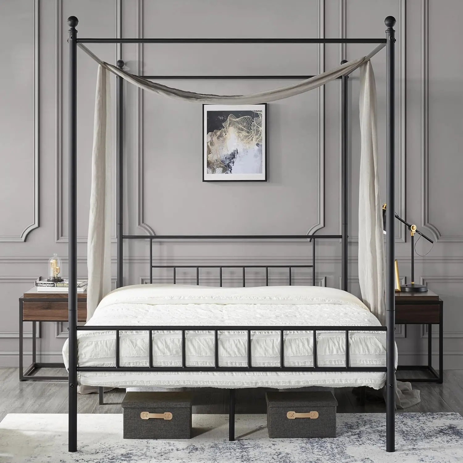 Comfort corner Metal Canopy Platform Bed Frame Four-Poster Canopied Bed Mattress Foundation with Headboard and Footboard Sturdy