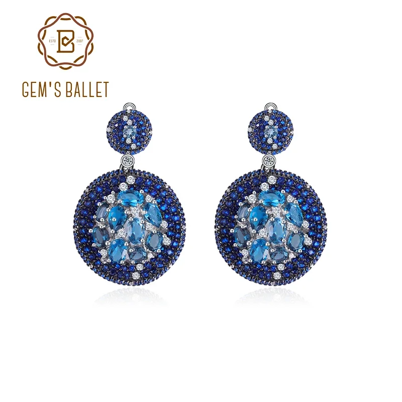 GEM'S BALLET Luxury Vintage Jewelry Natural London Blue Topaz Statement Dangle Earrings 925 Sterling Silver Handmade Earrings