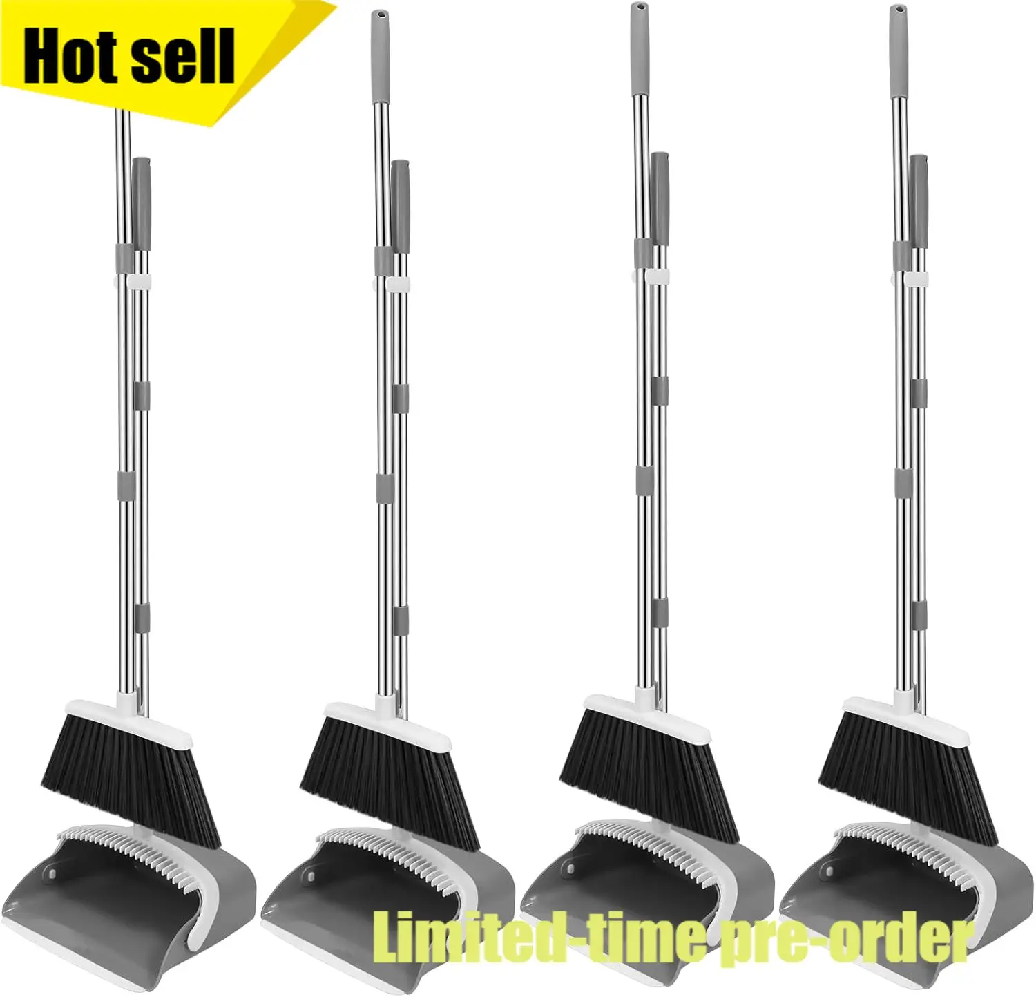 

Набор из 4-х регулируемых метелок с длинной ручкой и совок для уборки с зубчатыми зубьями для чистки волос, для дома, кухни, офиса, прихожей, 4 штуки, серый, белый