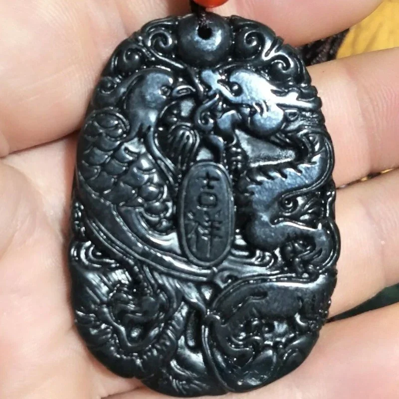 Natural Auspicious Dragon and Phoenix Pendant Black and Green Jade Pendant Dark Green Jade Dragon and Phoenix